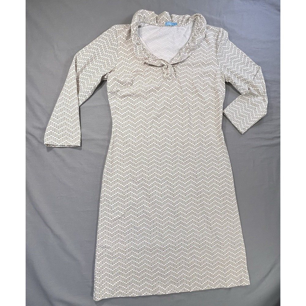 J McLaughlin Durham Dress White and Tan 3/4 Sleeve Ruffled Vneck‎ Women's Small